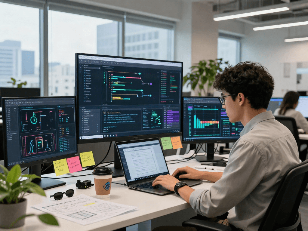 Dynamic AI workspace illustrating a data scientist engaged with crushon ia technology tools in a modern office.