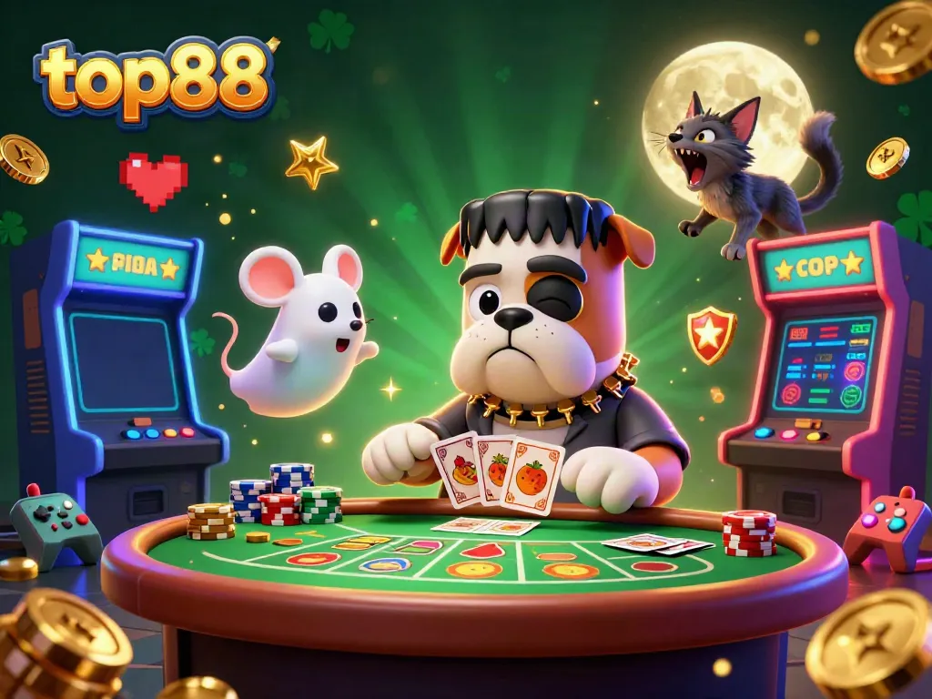 top88 casino scene with Frankenstein bulldog dealing cards amidst slot machines and gold coins