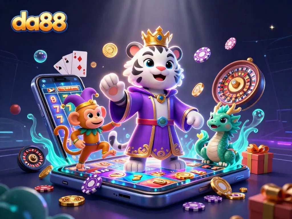 Experience the excitement of da88 with a vibrant casino scene featuring a white tiger, golden monkey, and jade dragon.