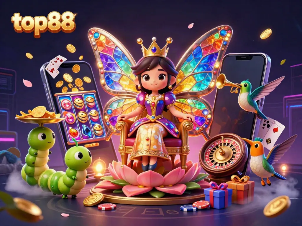 Engage in thrilling entertainment with top88's vibrant gaming kingdom featuring a butterfly queen.
