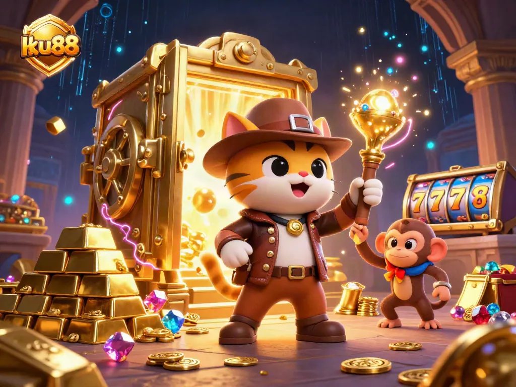 ku88 cat explorer finds treasures in a vivid casino-themed temple scene.