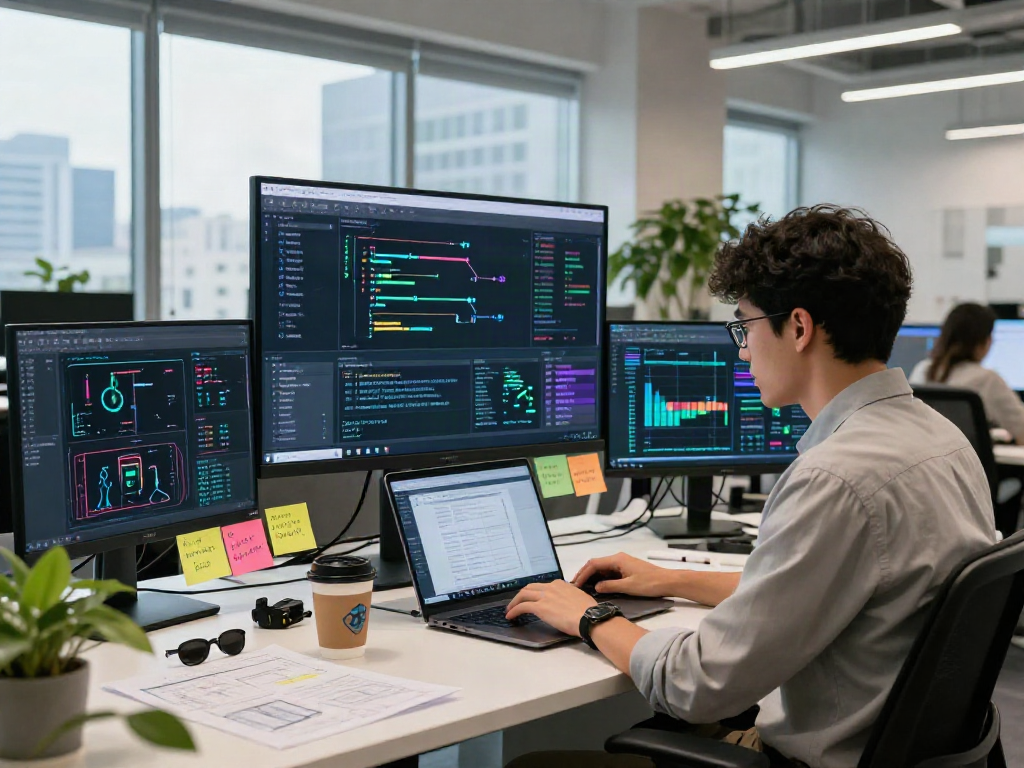 Dynamic AI workspace illustrating a data scientist engaged with crushon ia technology tools in a modern office.