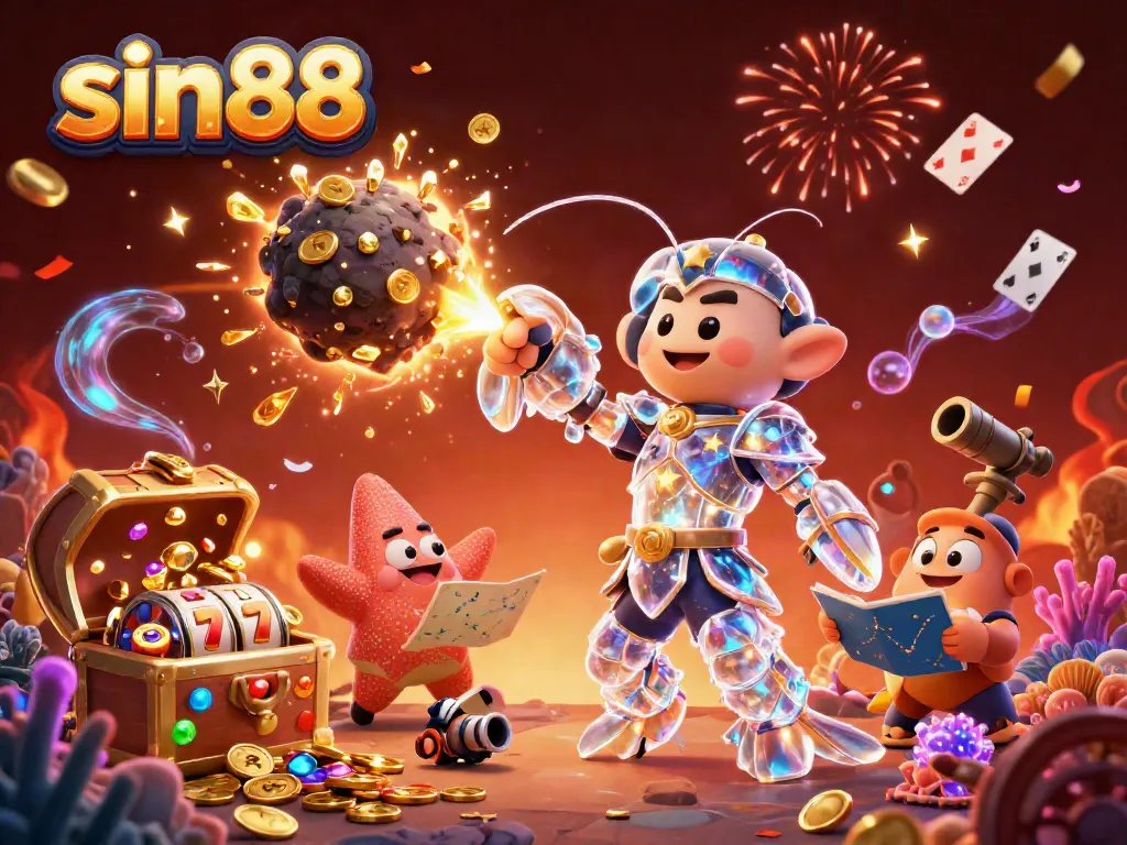 Experience thrilling wins at sin88 with an exciting 3D illustration of colorful casino elements and vibrant characters.