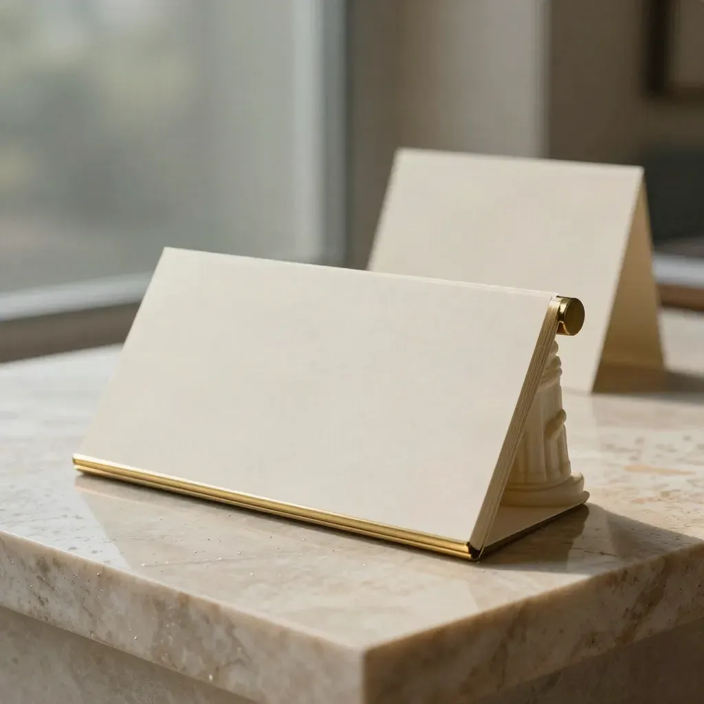 Ivory capital review folio with brass edges on pale limestone, misty morning light, blank briefing cards.