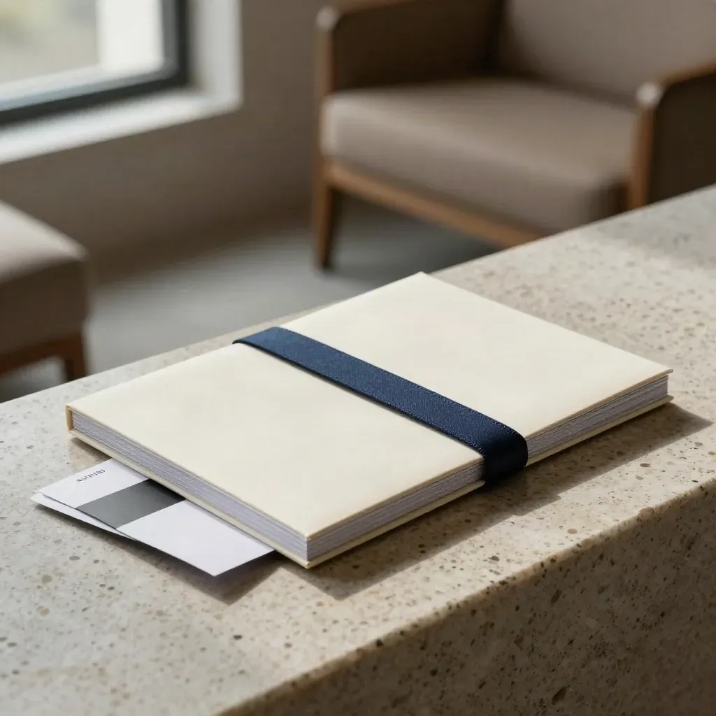 Travertine finance dossier bundle with cards and swatch in soft window light