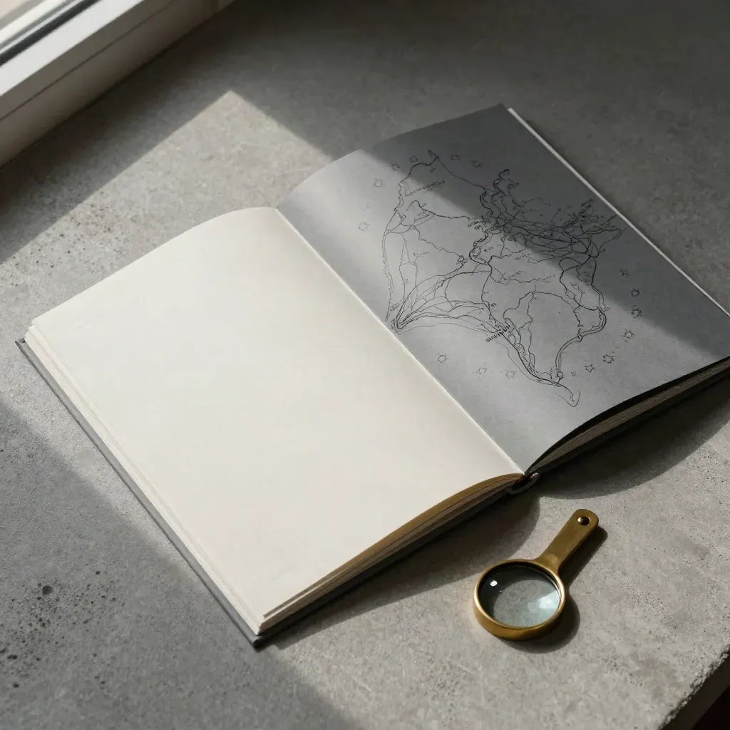 Overhead graphite deal sourcing pack spread open on cool concrete with brass clip and tabbed inserts.
