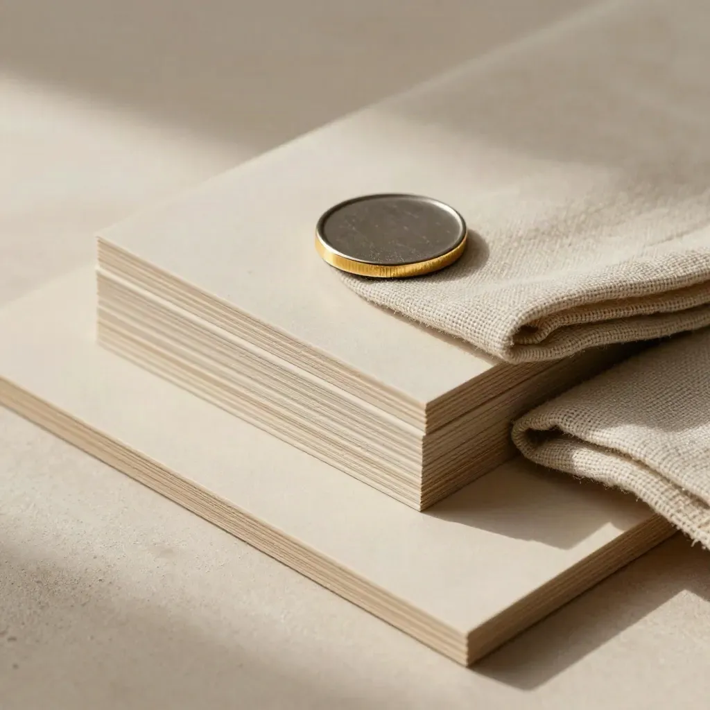 Overhead macro of sand-toned finance materials with a pewter token and linen insert