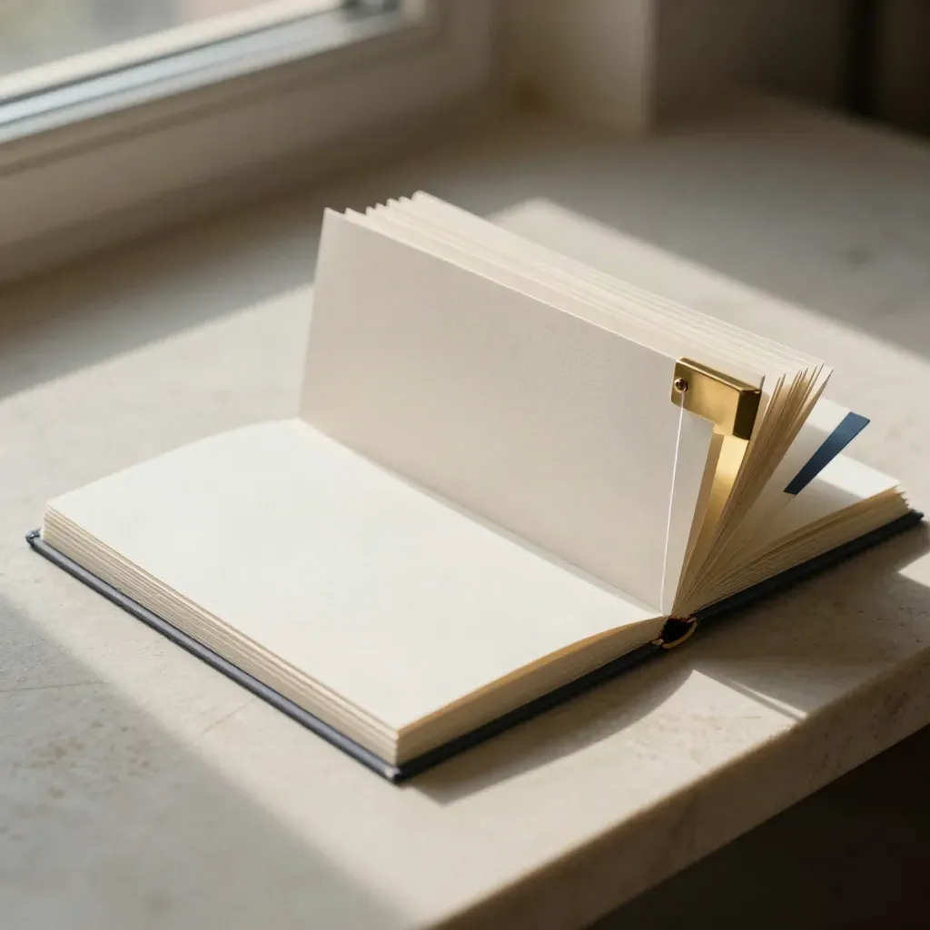 Off-white investor update folio fanned open on pale stone with brass corner guard and navy tab.