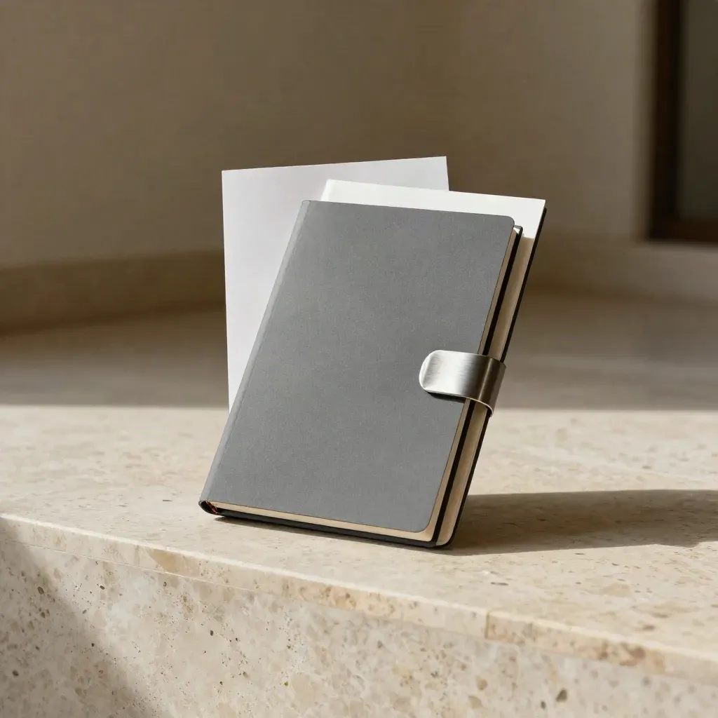 Graphite market note pack on travertine ledge with companion slips and soft shadow