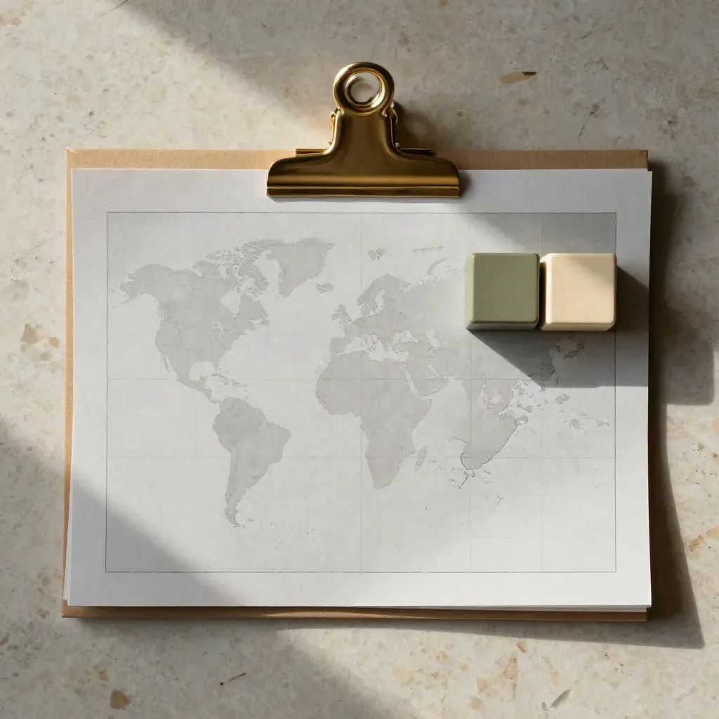 Overhead finance folio with gold clip and two matte blocks on travertine