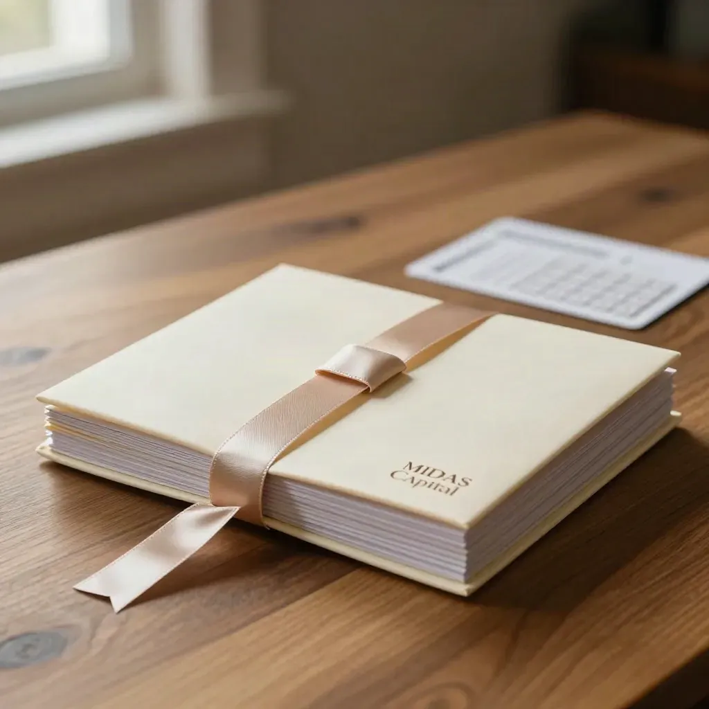 Ivory finance bundle with calculator and ribboned sheets on warm oak in soft side light