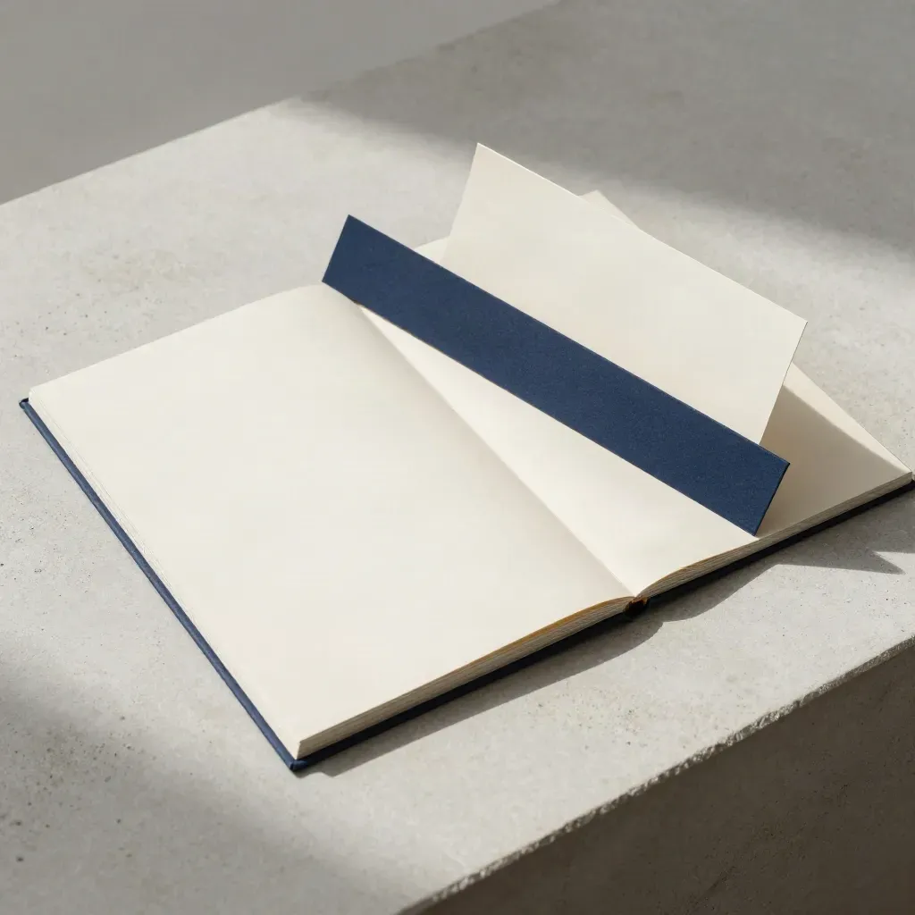 Ivory series A support pack with navy tabs spread diagonally on pale concrete.