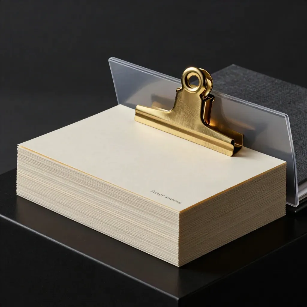 Ivory fundraise cards with brass clip and pale band on matte-black surface in dramatic studio light