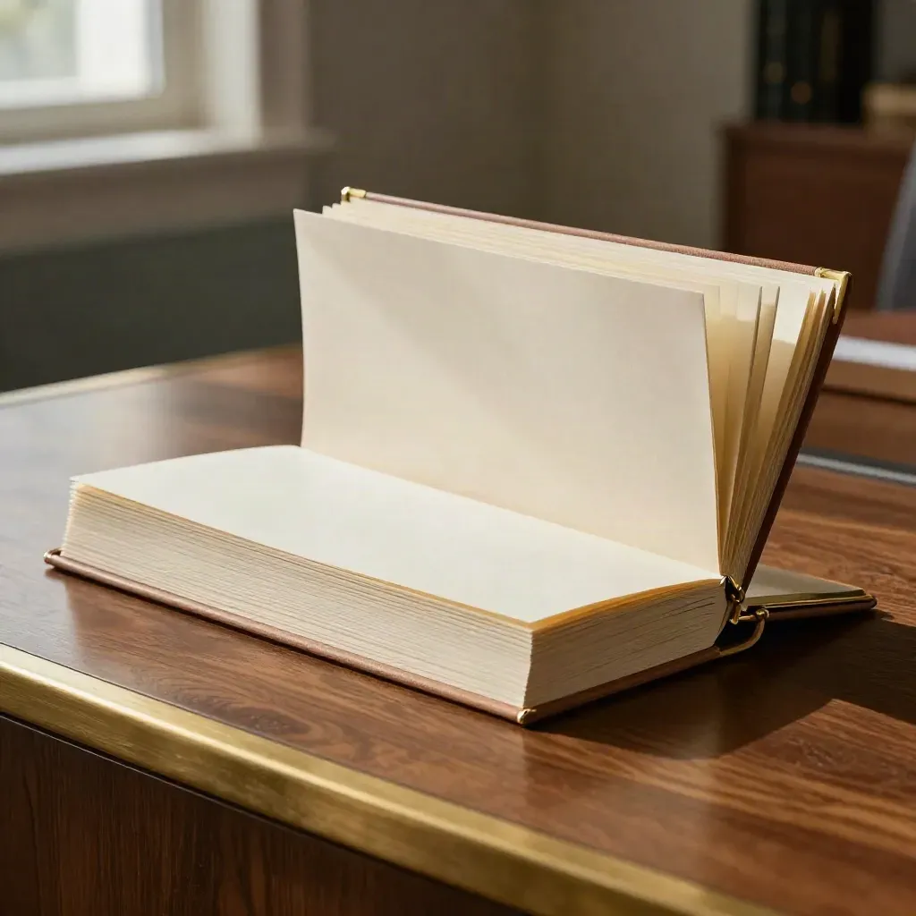 Ivory board pack review fan with brass clip on walnut surface in soft dramatic light