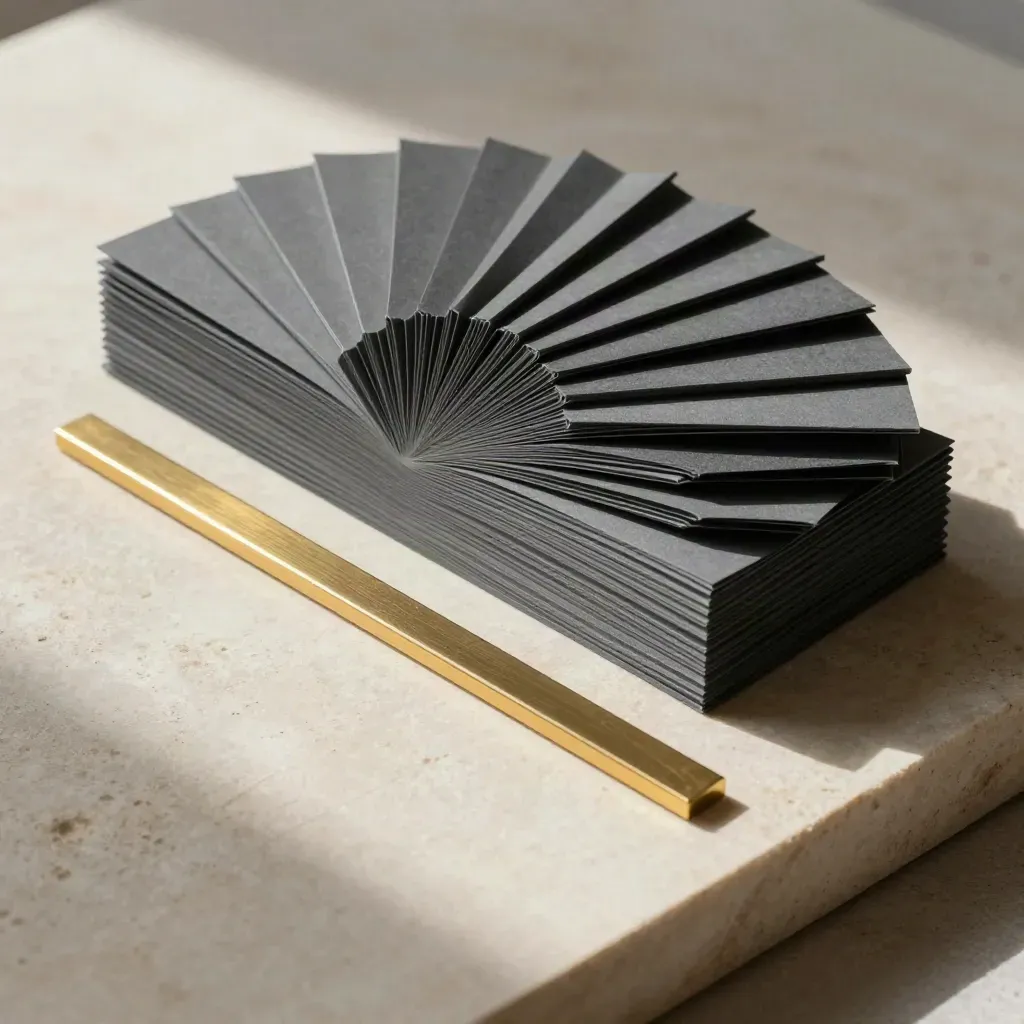 Overhead graphite finance pack with stepped inserts and a slim brass strip on pale stone.