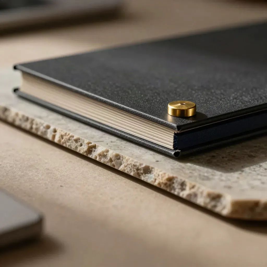 Charcoal family office scan pack with brass weight on a basalt slab in warm raking light.
