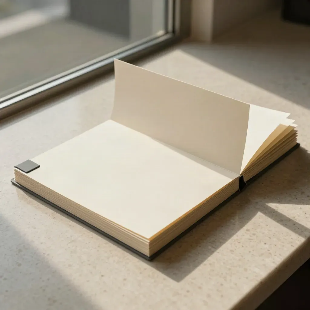 Ivory audit pack fanned on travertine with graphite tabs and soft daylight.