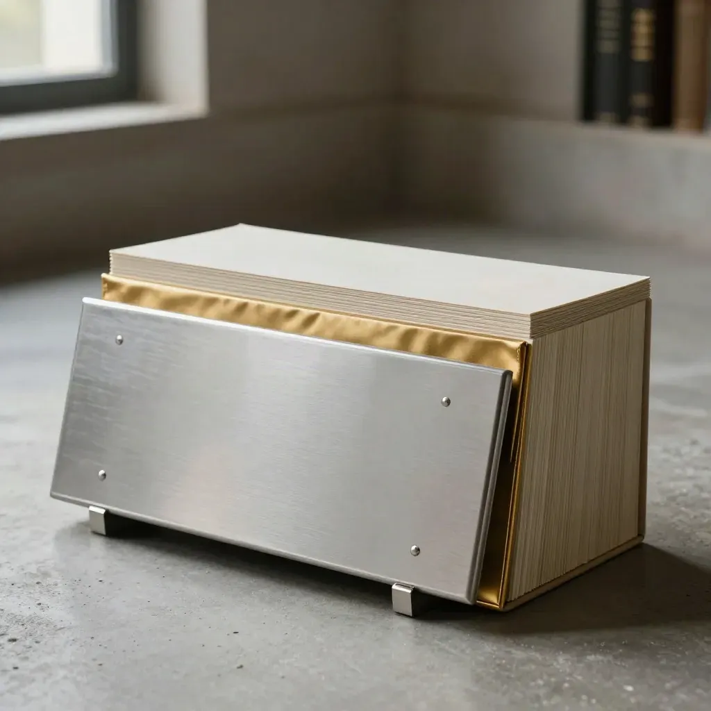 Stone-grey treasury policy pack with metal tray and ivory inserts on a concrete floor.