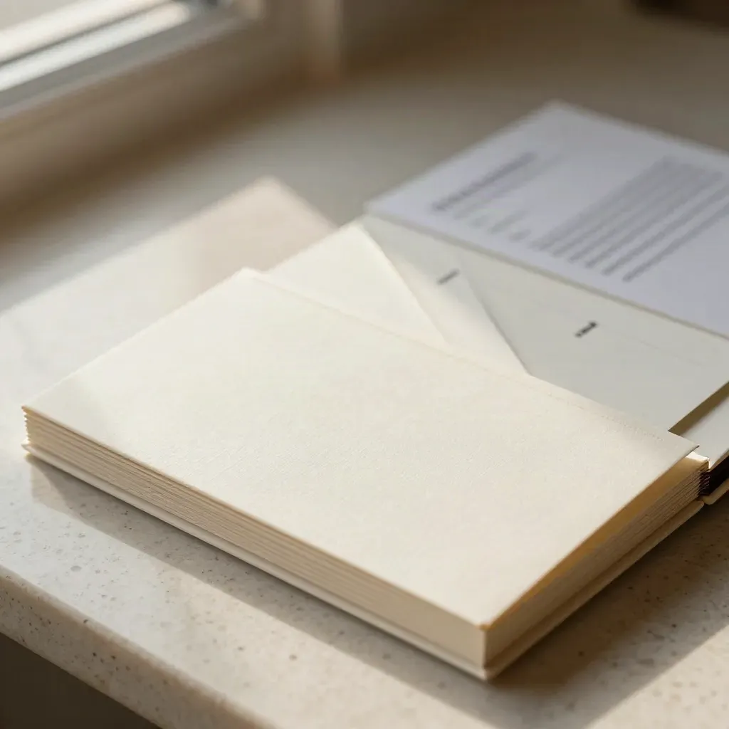 Macro of an ivory investor kit with three blank reply cards on pale travertine.