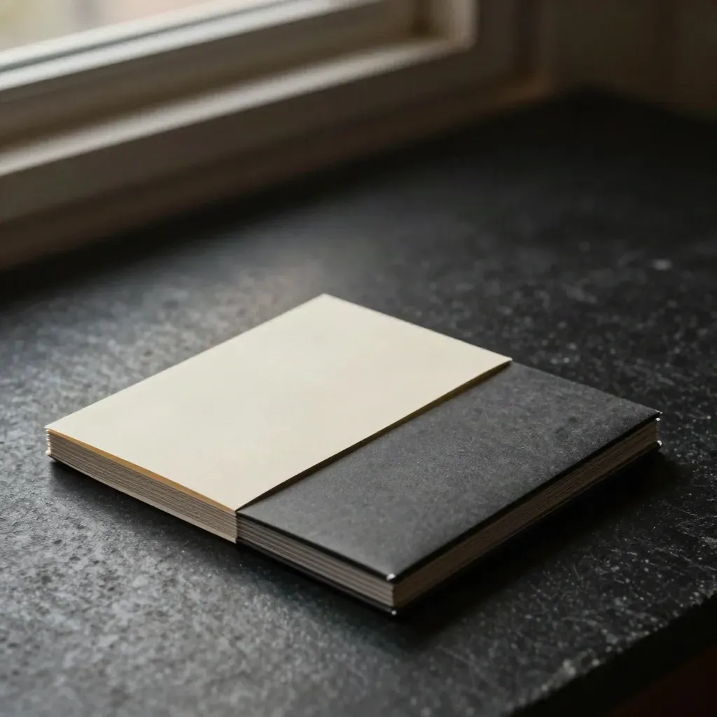 Graphite market brief packet with ivory strip and folded note card on matte-black stone.