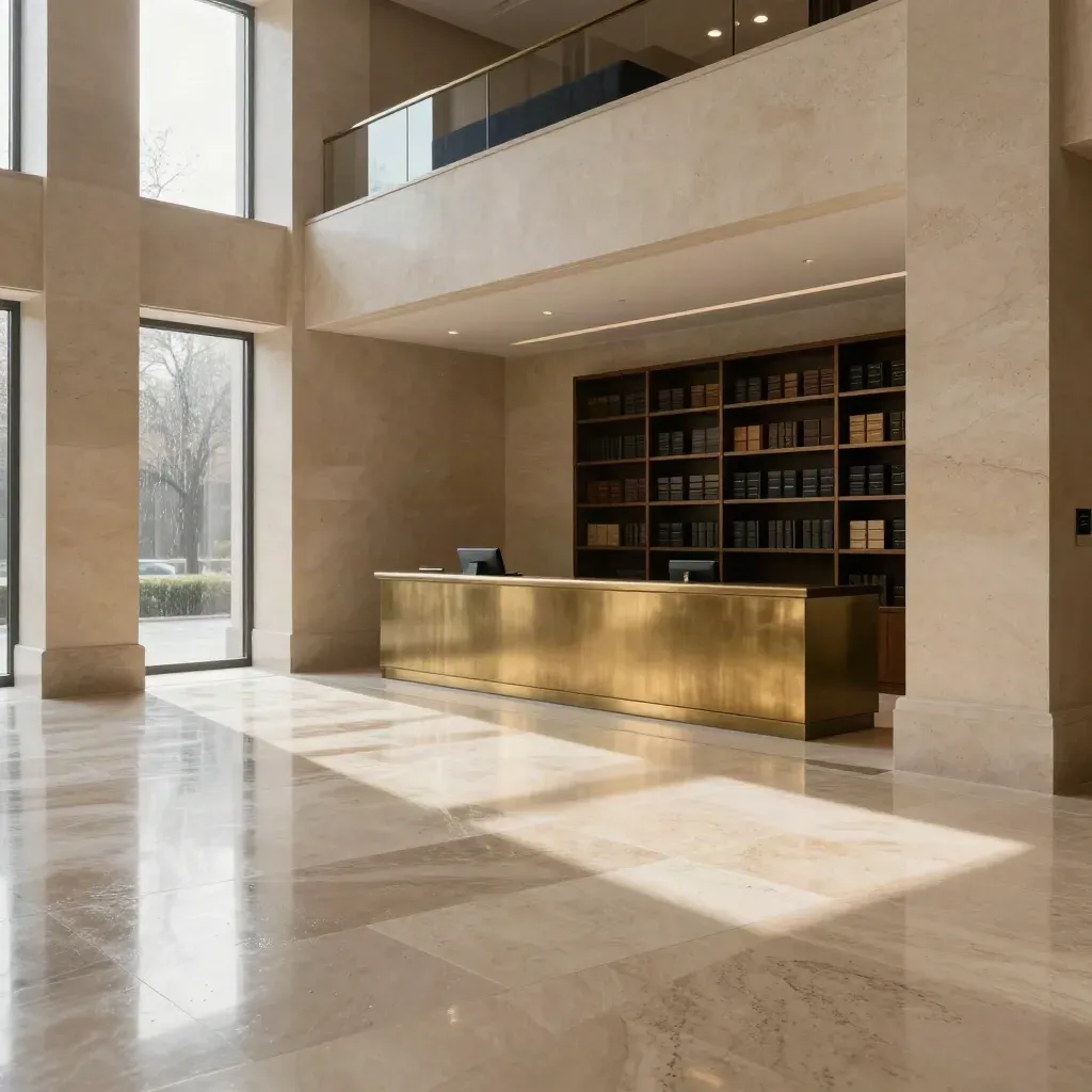 Sunlit limestone lobby with rain reflections, tall glazing, and calm floor space.