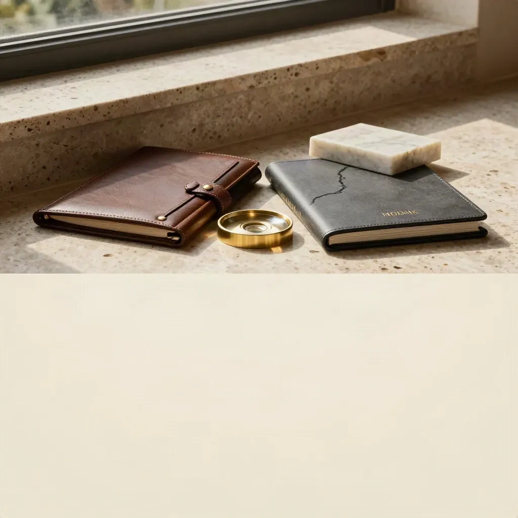 Sunlit travertine terrace with finance folio, brass paperweight and calm copy space.