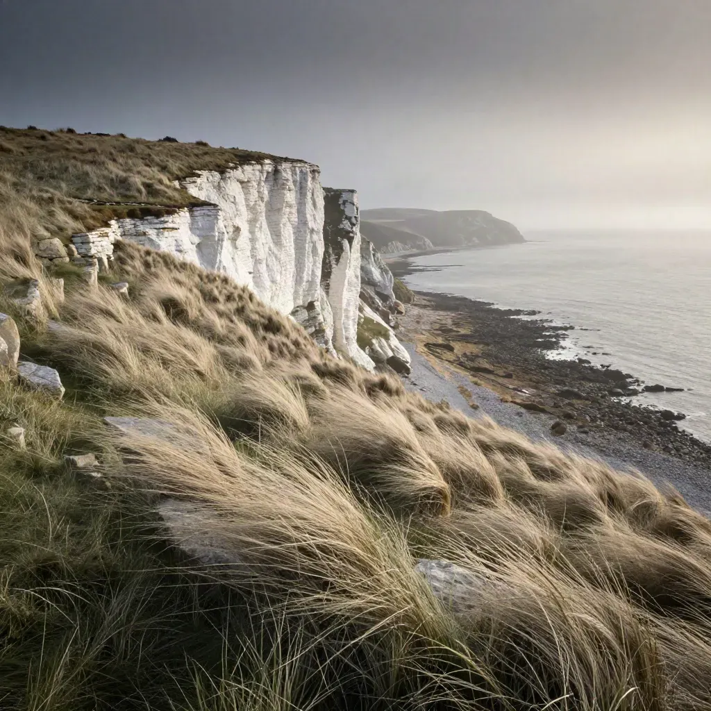 Windy coastal chalk overlook with pale grass, stone, and a calm open foreground under haze.
