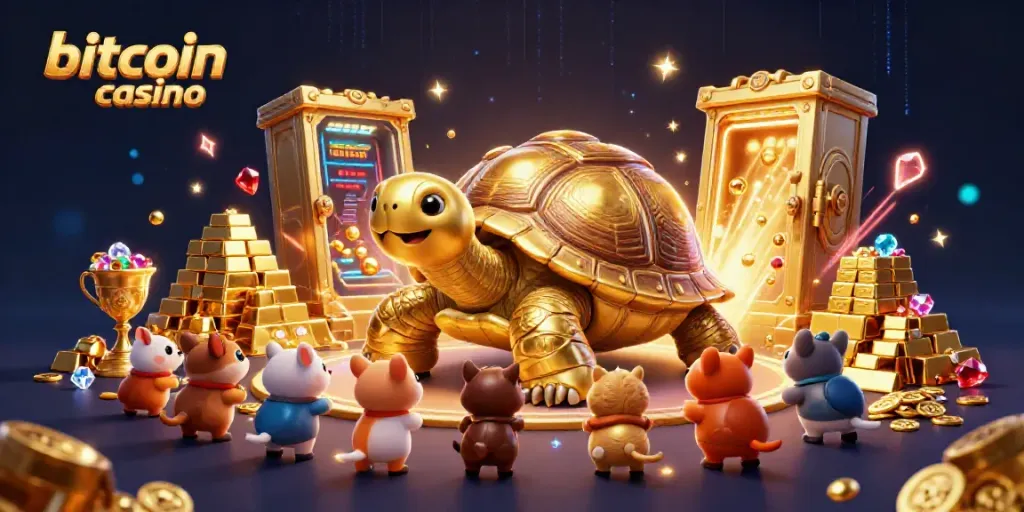 Engage with exciting games at a bitcoin casino featuring colorful characters and dazzling treasures.