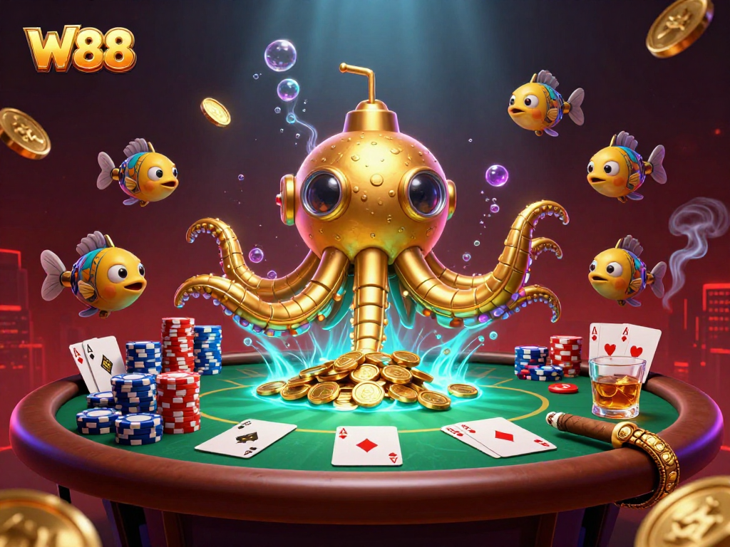 Bet on W88 and immerse yourself in a vibrant casino scene with a golden kraken and poker elements.
