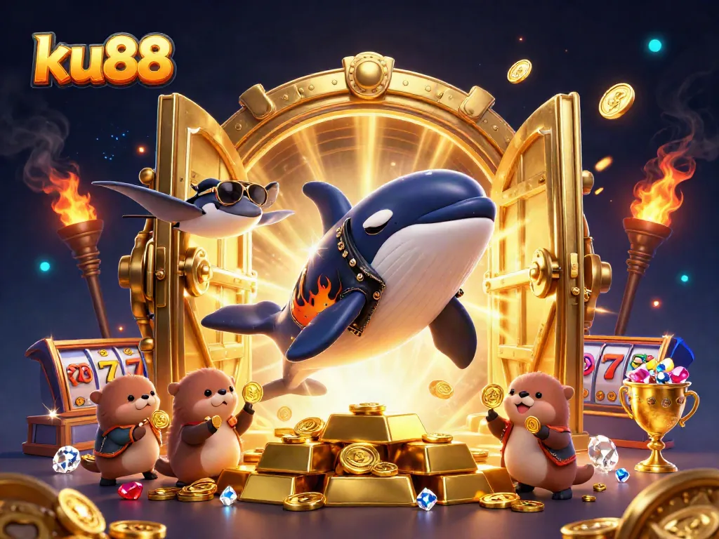 Experience the excitement of ku88 with a vibrant 3D scene featuring an orca whale, stingray, and sea otters amidst casino treasures.