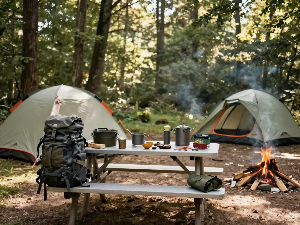 Adventurer organizing rokok88 camping gear at a serene campsite in the forest.