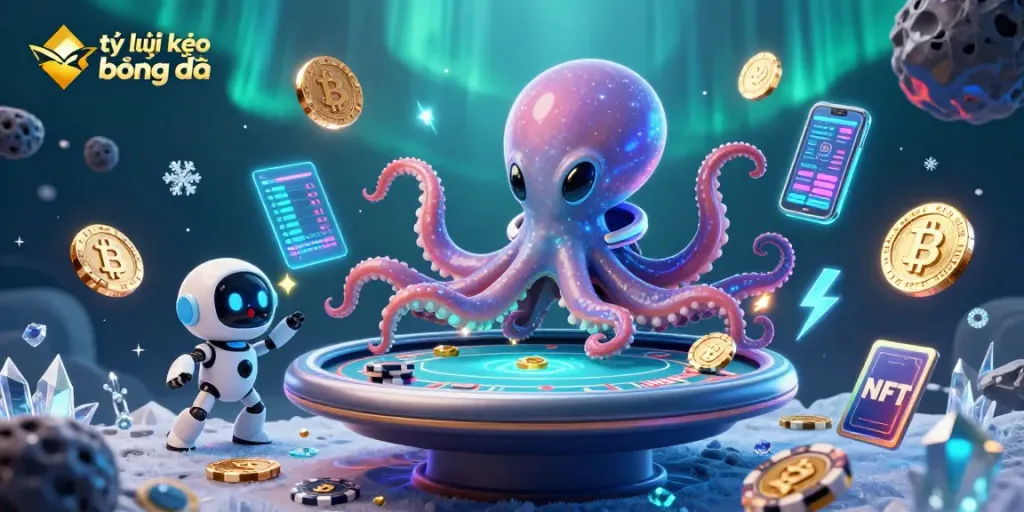 Engage with tỷ lệ kèo bóng đá through a colorful 3D illustration featuring an alien octopus in a space suit.