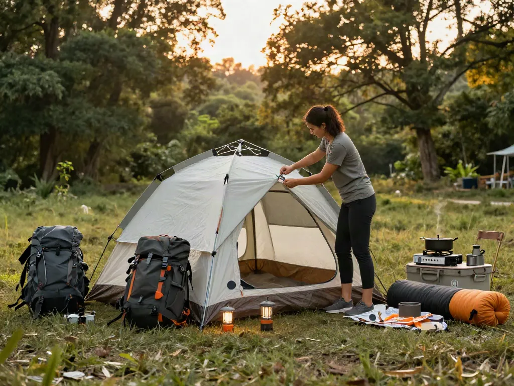 Camping gear setup for rokok88 link adventure with woman assembling tent in forest.